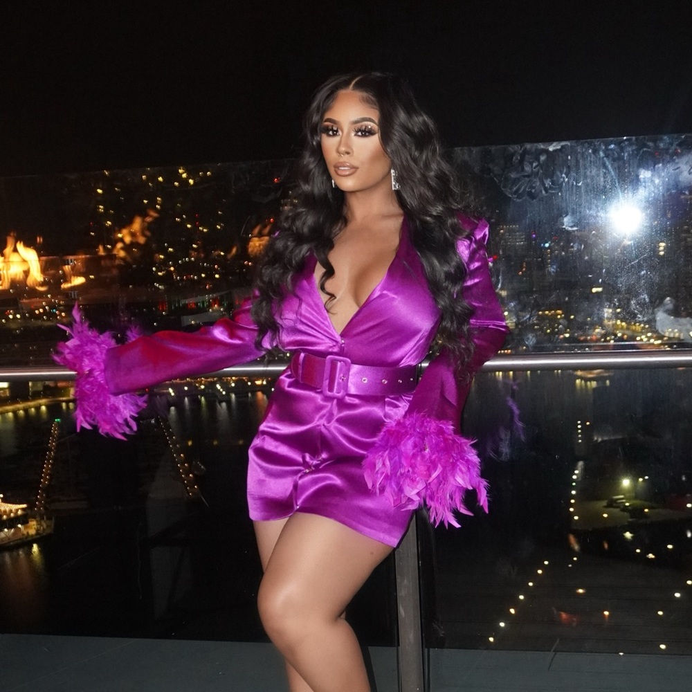 Bronx and Banco Odessa Feather-Cuff Belted Blazer in Purple